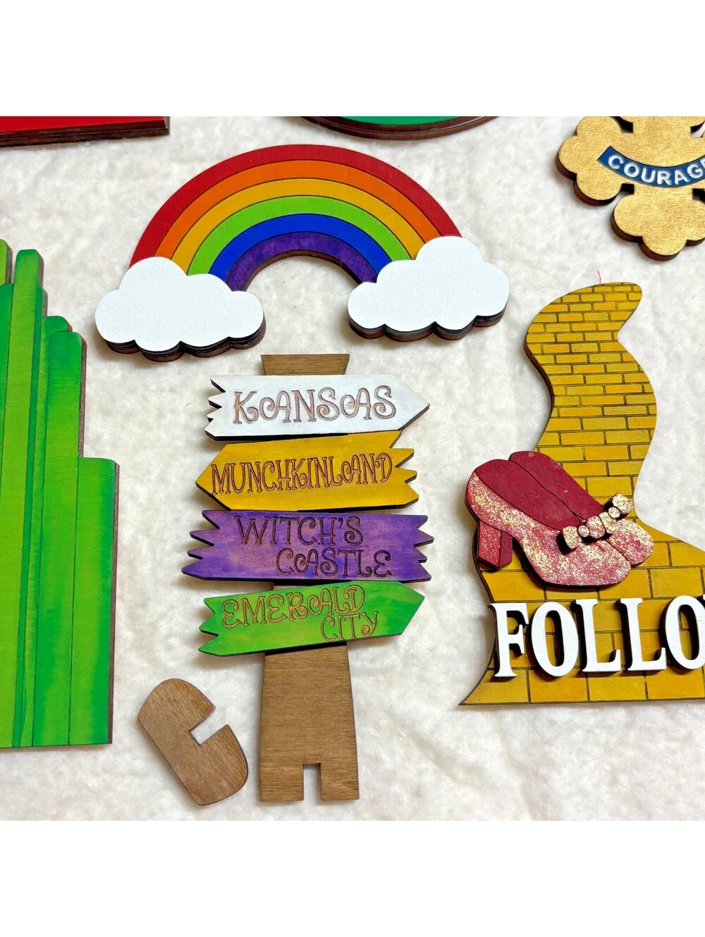 lot of 7 Pcs Wizard of Oz Tiered Tray Decor Set Wooden Signs - hand painted OOAK
